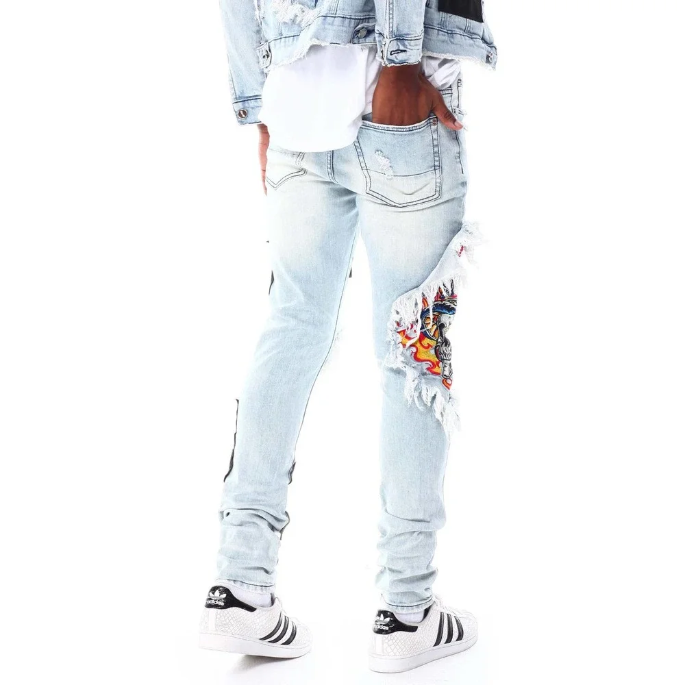 GFTD LA Los Angeles Men's Ezra Skinny Fit Embroidered Skull Distress Rip Jeans - Picture 3 of 6